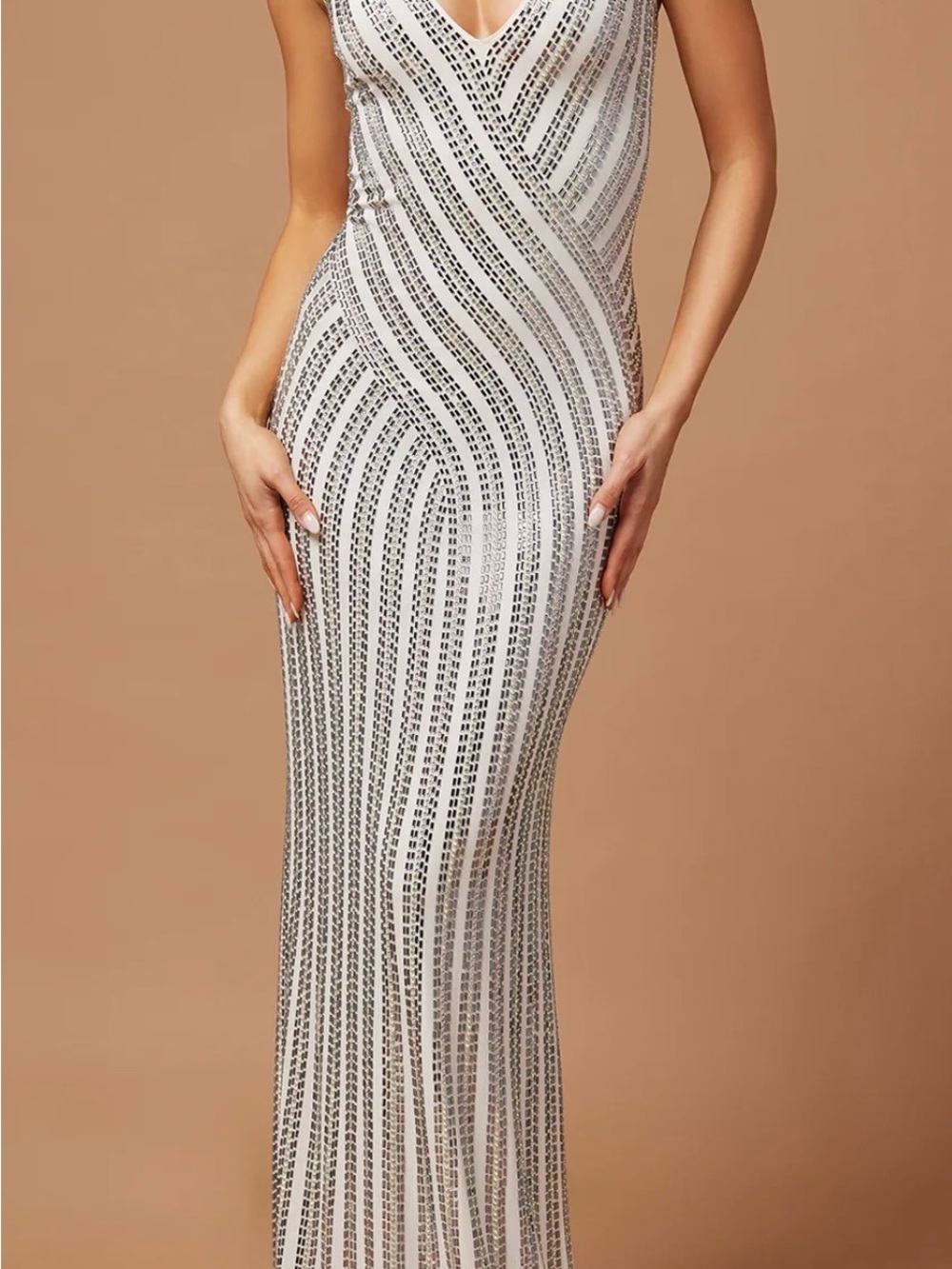 Fashion Nova White and Silver Beaded Maxi Dress